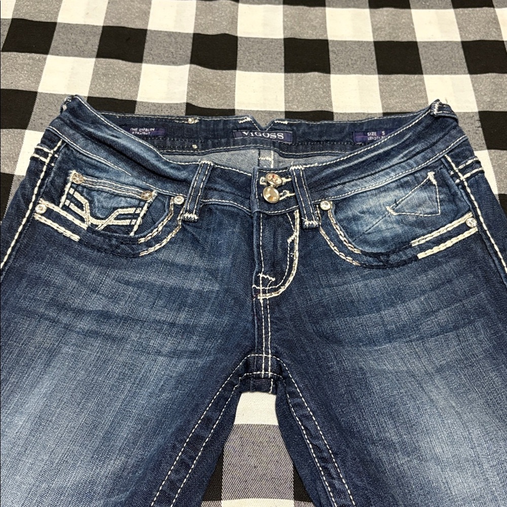 Vigoss Dublin Straight Leg Jeans Sz 5 x 32 Stretch Double Back Pockets Metallic